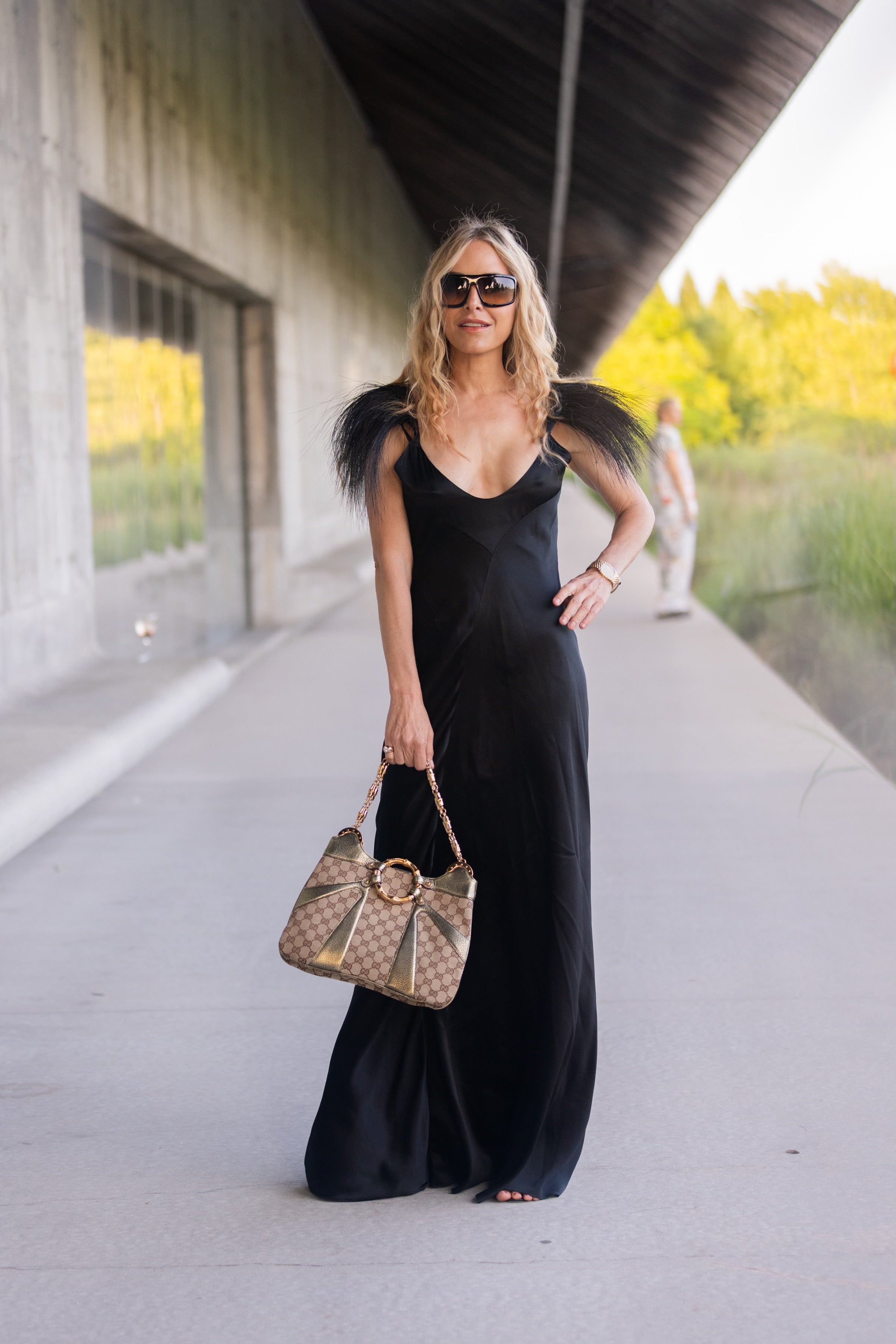 Vintage silk and feather trim evening gown