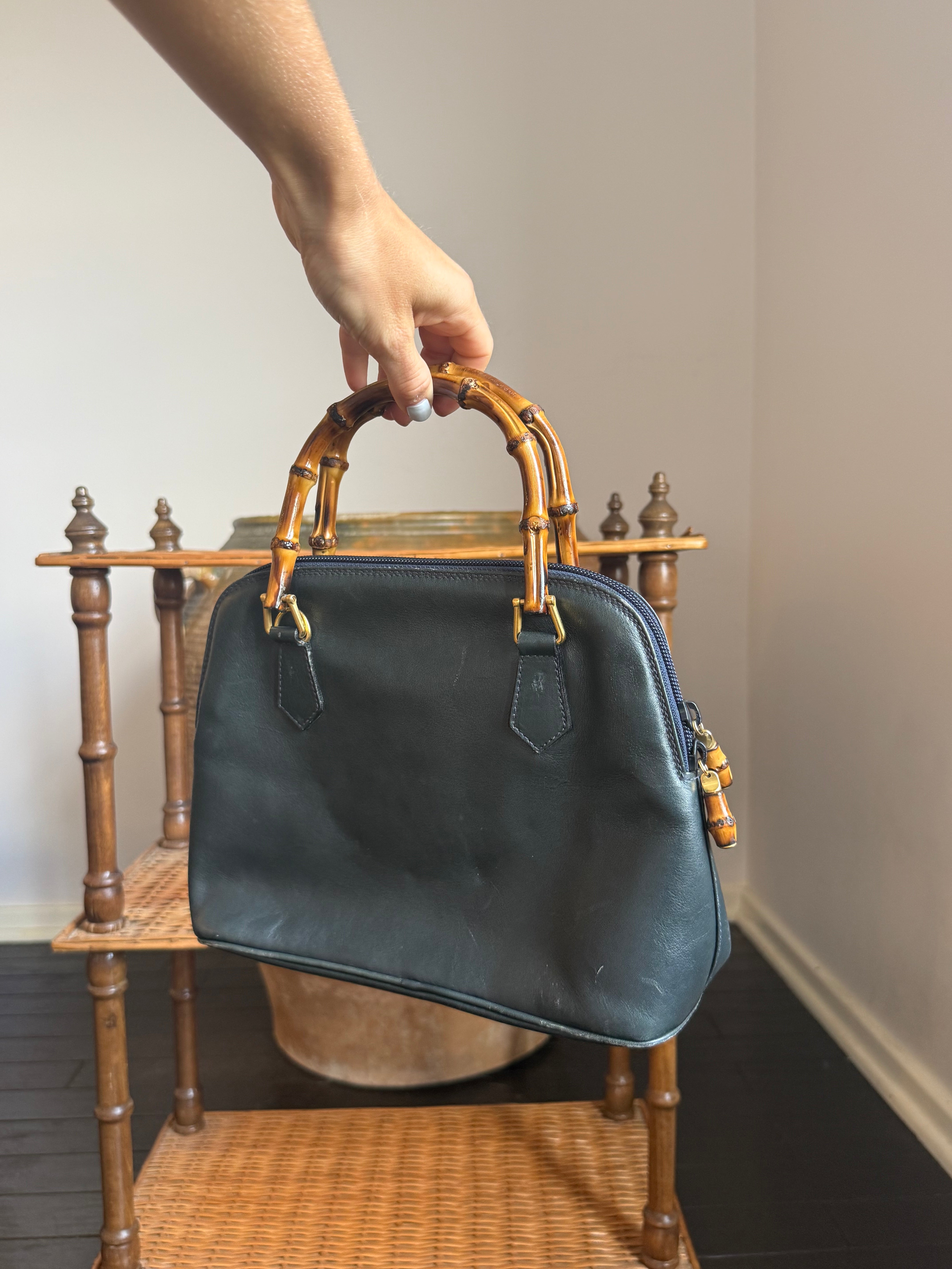 Vintage Gucci Bamboo Top Handle Bag in navy