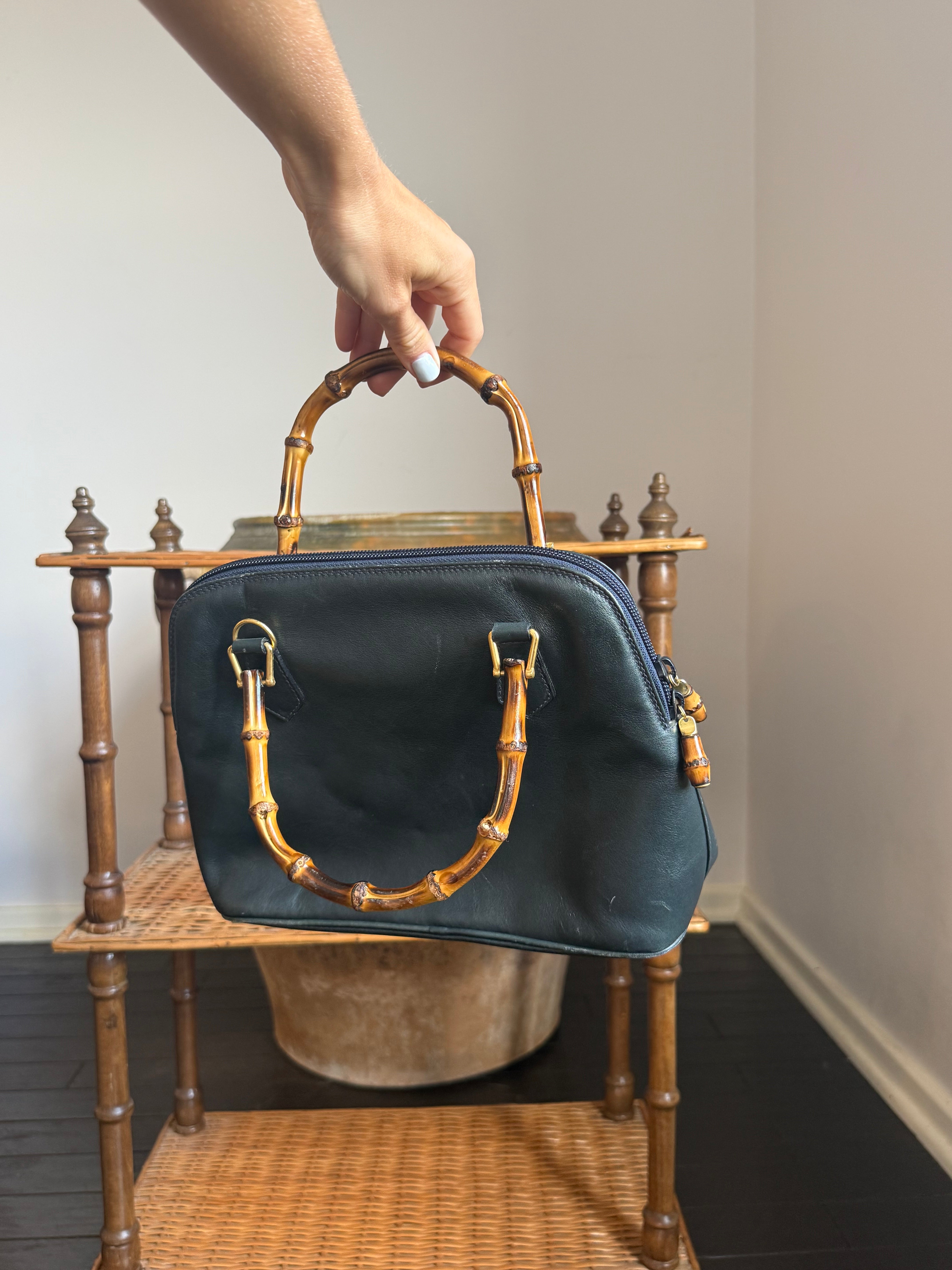 Vintage Gucci Bamboo Top Handle Bag in navy