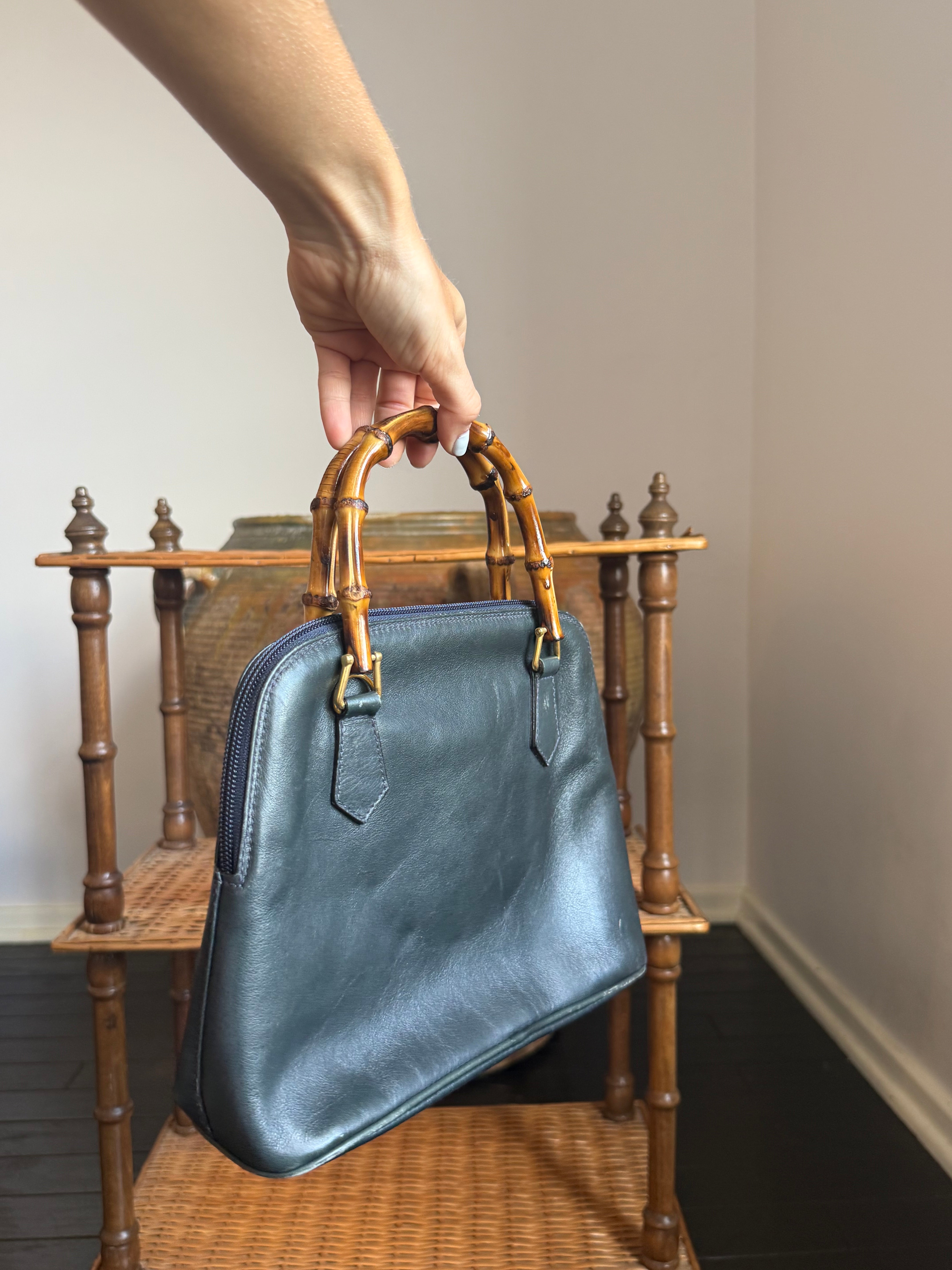 Vintage Gucci Bamboo Top Handle Bag in navy